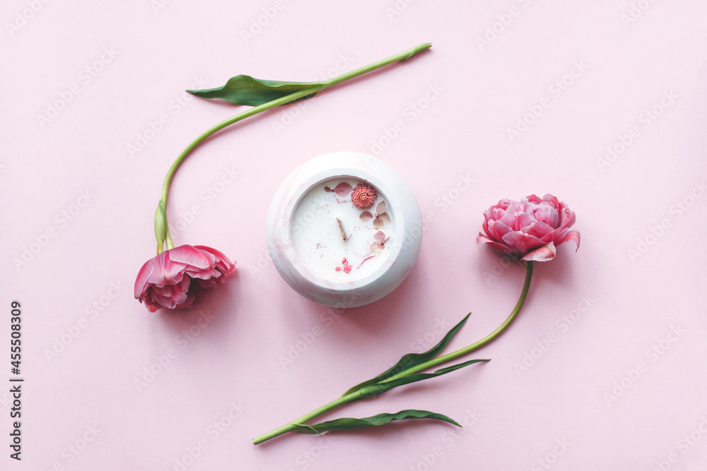 Soy or coconut candle with a wooden wick. Flat lay Soy or coconut candle with a wooden wick. Flat lay