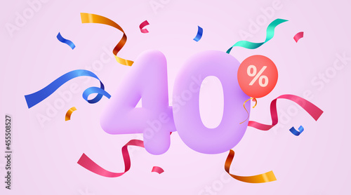 40 percent Off. Discount creative composition. 3d sale symbol with decorative confetti. Sale banner and poster.