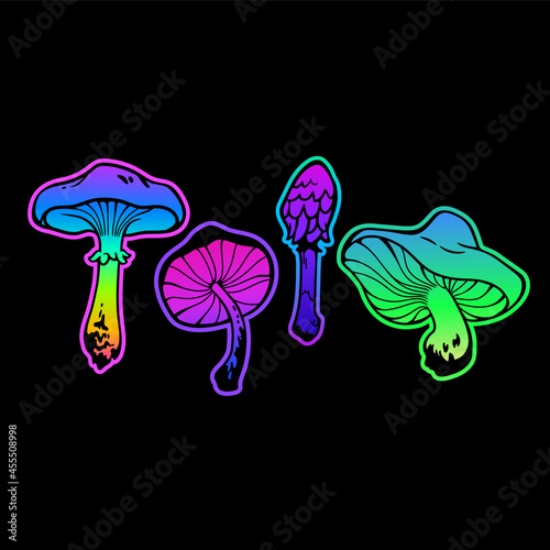 set of four bright colored mushrooms