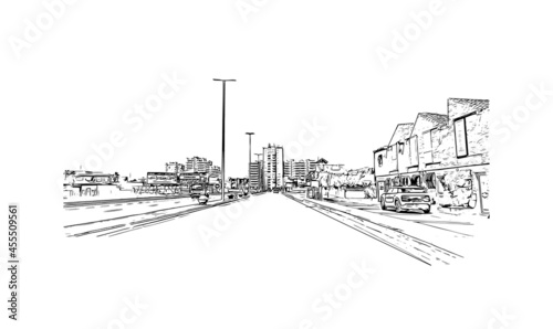 Building view with landmark of  La Manga del Mar Menor is a seaside spit of Mar Menor in the Region of Spain. Hand drawn sketch illustration in vector.