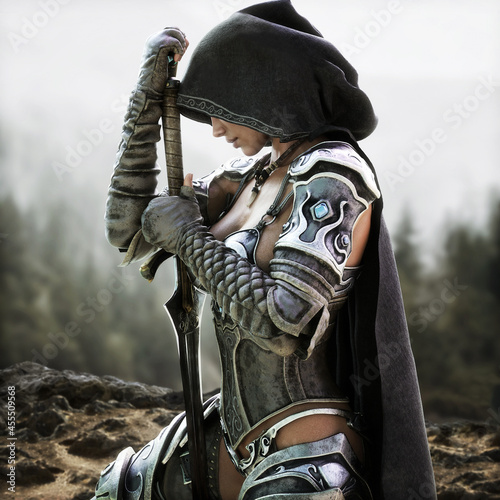 Obraz na plátně Mysterious Ranger warrior female wearing a hooded cape and light armor reflecting on her journey with a beautiful mountainous terrain background