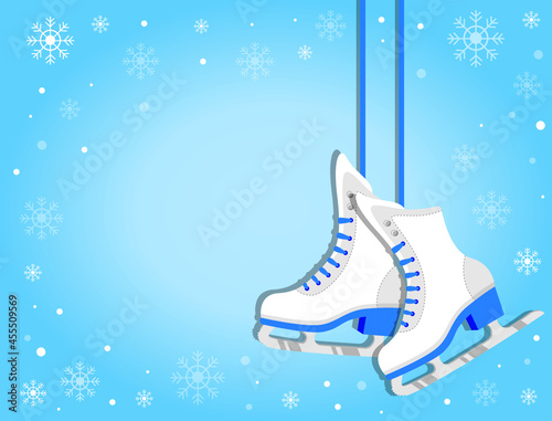 Pair of female ice figure skates flat design hanging on laces on blue winter holiday background with snowflakes. Vector illustration for greeting card with space for text.