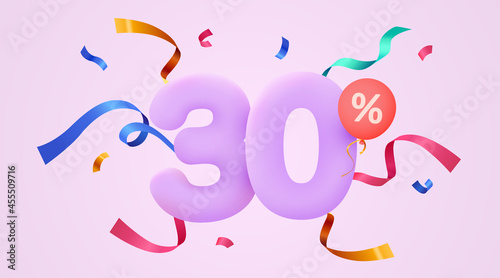 30 percent Off. Discount creative composition. 3d sale symbol with decorative confetti. Sale banner and poster.