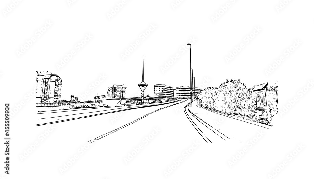 Obraz premium Building view with landmark of La Manga del Mar Menor is a seaside spit of Mar Menor in the Region of Spain. Hand drawn sketch illustration in vector.