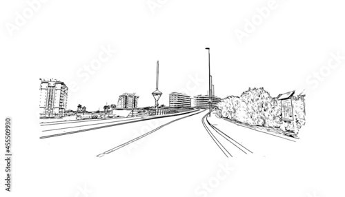 Building view with landmark of  La Manga del Mar Menor is a seaside spit of Mar Menor in the Region of Spain. Hand drawn sketch illustration in vector.