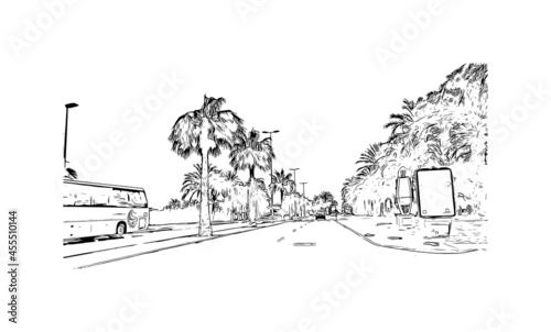 Building view with landmark of  La Manga del Mar Menor is a seaside spit of Mar Menor in the Region of Spain. Hand drawn sketch illustration in vector.