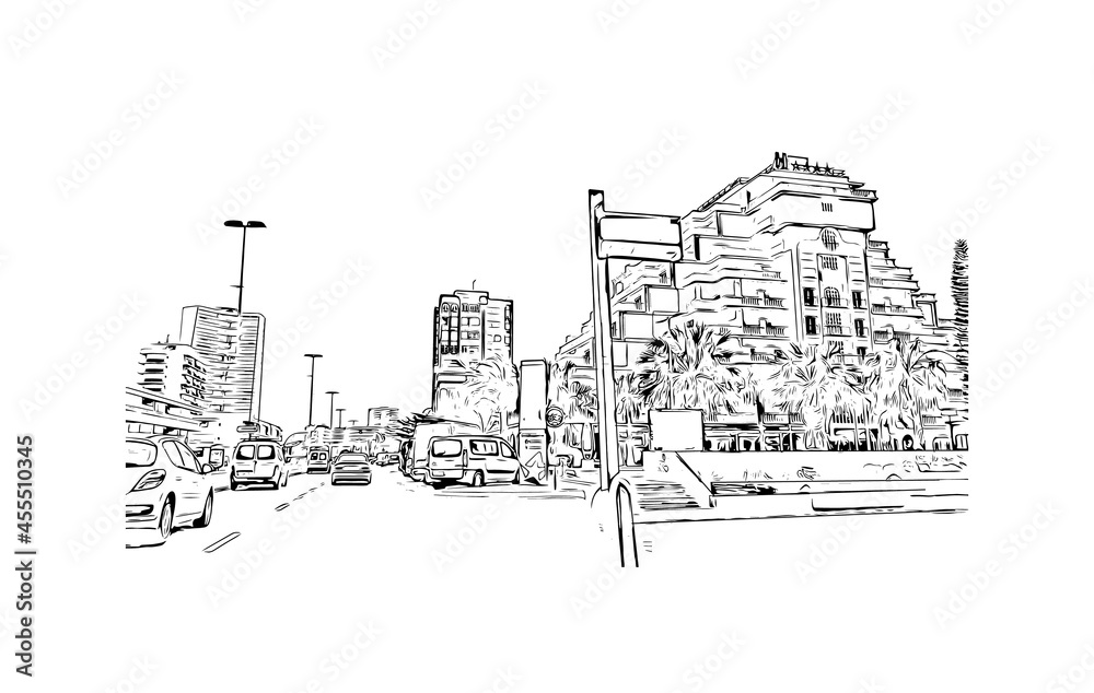 Building view with landmark of La Manga del Mar Menor is a seaside spit of Mar Menor in the Region of Spain. Hand drawn sketch illustration in vector. Building view with landmark of La Manga del Mar Menor is a seaside spit of Mar Menor in the Region of Spain. Hand drawn sketch illustration in vector.