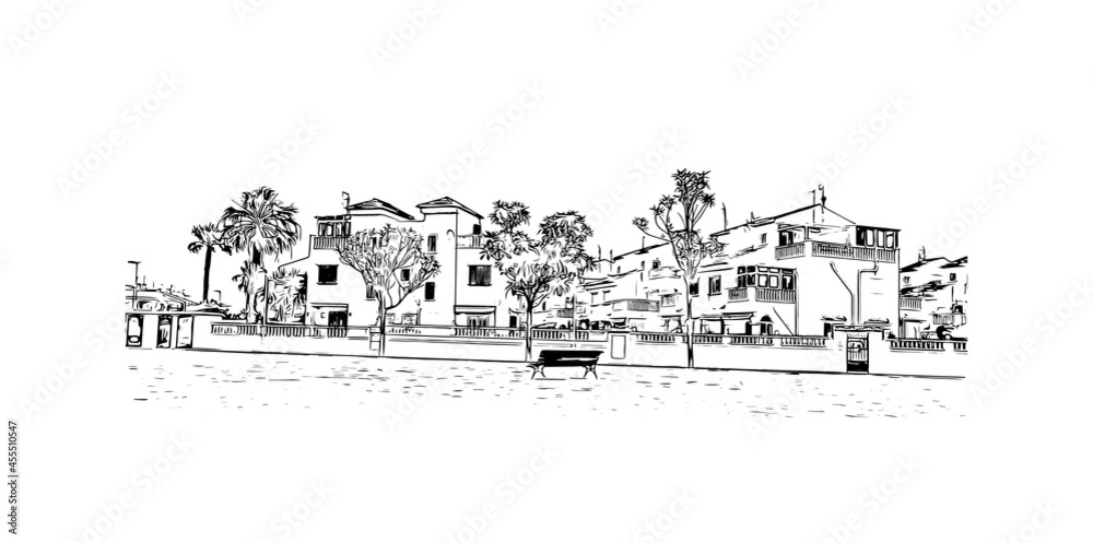 Building view with landmark of  La Manga del Mar Menor is a seaside spit of Mar Menor in the Region of Spain. Hand drawn sketch illustration in vector.