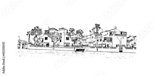 Building view with landmark of  La Manga del Mar Menor is a seaside spit of Mar Menor in the Region of Spain. Hand drawn sketch illustration in vector.