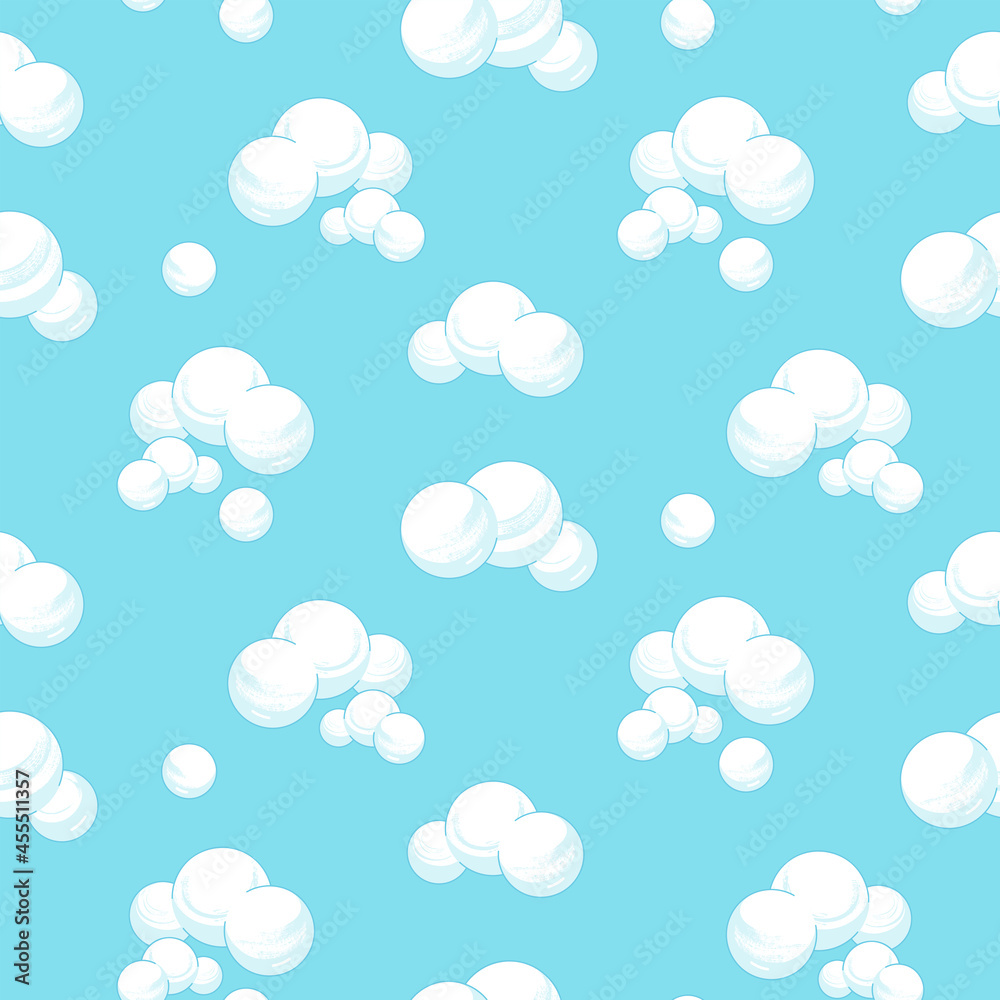 White fluffy cartoon clouds on light blue sky background. Seamless pattern. Illustration for kids fabric or backdrop. White fluffy cartoon clouds on light blue sky background. Seamless pattern. Illustration for kids fabric or backdrop.