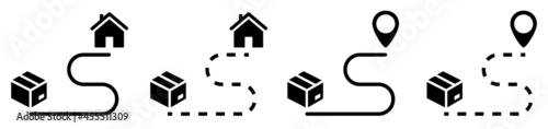 Set of delivery icons. Box icon, track delivery, road map, distance of deliveries, location. Vector illustration.
