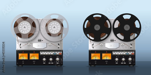 Vintage musical technique set. Reel-to-reel tape recorder set. Musical technique in retro style. Vector illustration photo