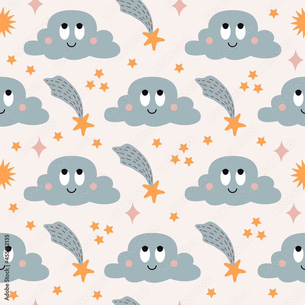Obraz premium Cute seamless pattern with colorful smiling clouds and stars on pastel background. Modern childish vector cartoon design
