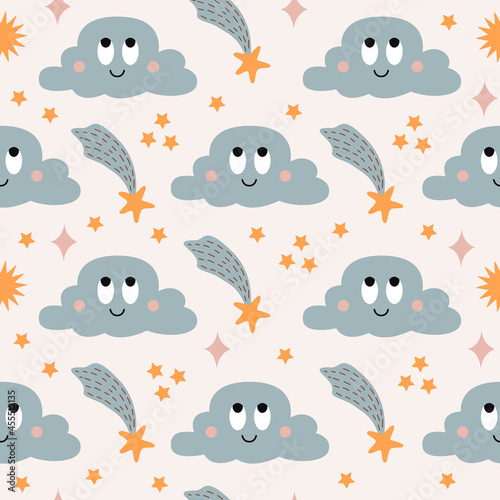  Cute seamless pattern with colorful smiling clouds and stars on pastel background. Modern childish vector cartoon design © Elena