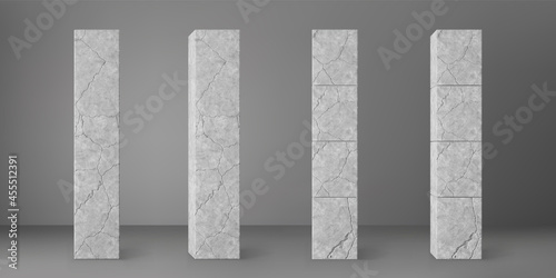 Concrete broken square columns set with cracks isolated on grey background. Realistic old cement 3d pillar for modern room interior or bridge construction. Textured concrete pole base for banner.