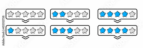 Set of stars rating 1 to 5. Rating and positive review. Online feedback reputation quality customer review. Evaluation of goods, writing reviews of delivery, hotels, for a website or application