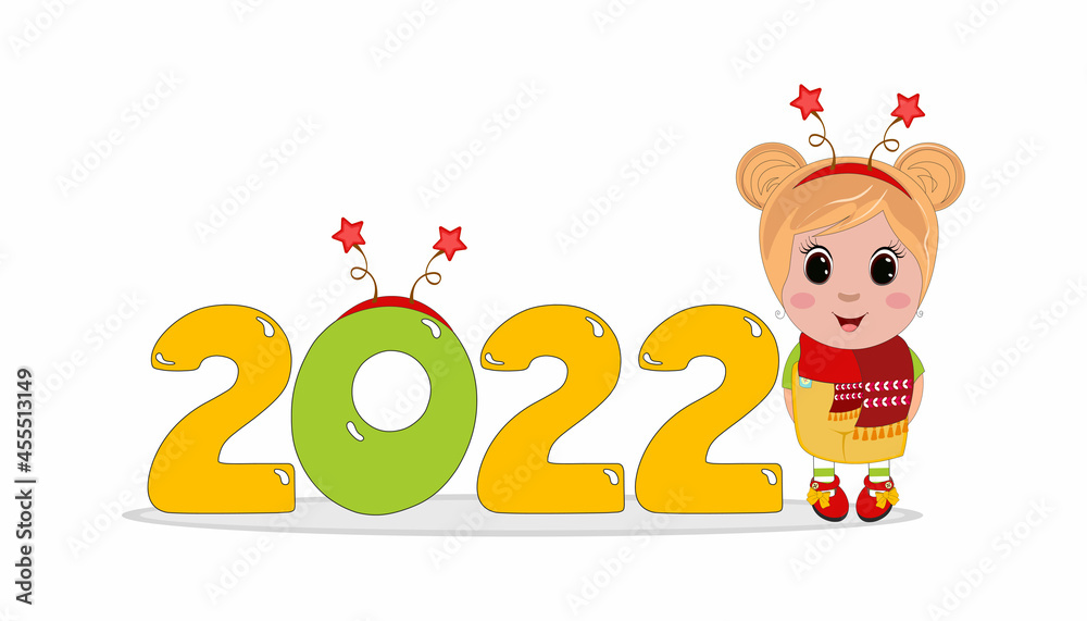 Cute Cartoon new year 2022 christmas with baby girl. Perfect for greeting cards, party invitations, posters, stickers, pin, scrapbooking, icons. Cute Cartoon new year 2022 christmas with baby girl. Perfect for greeting cards, party invitations, posters, stickers, pin, scrapbooking, icons.