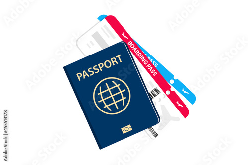Boarding pass flat design. Passport with airplane tickets. The concept of air transportation, international tourism. Travel passport with flight tickets. Tourism and traveling by air plane