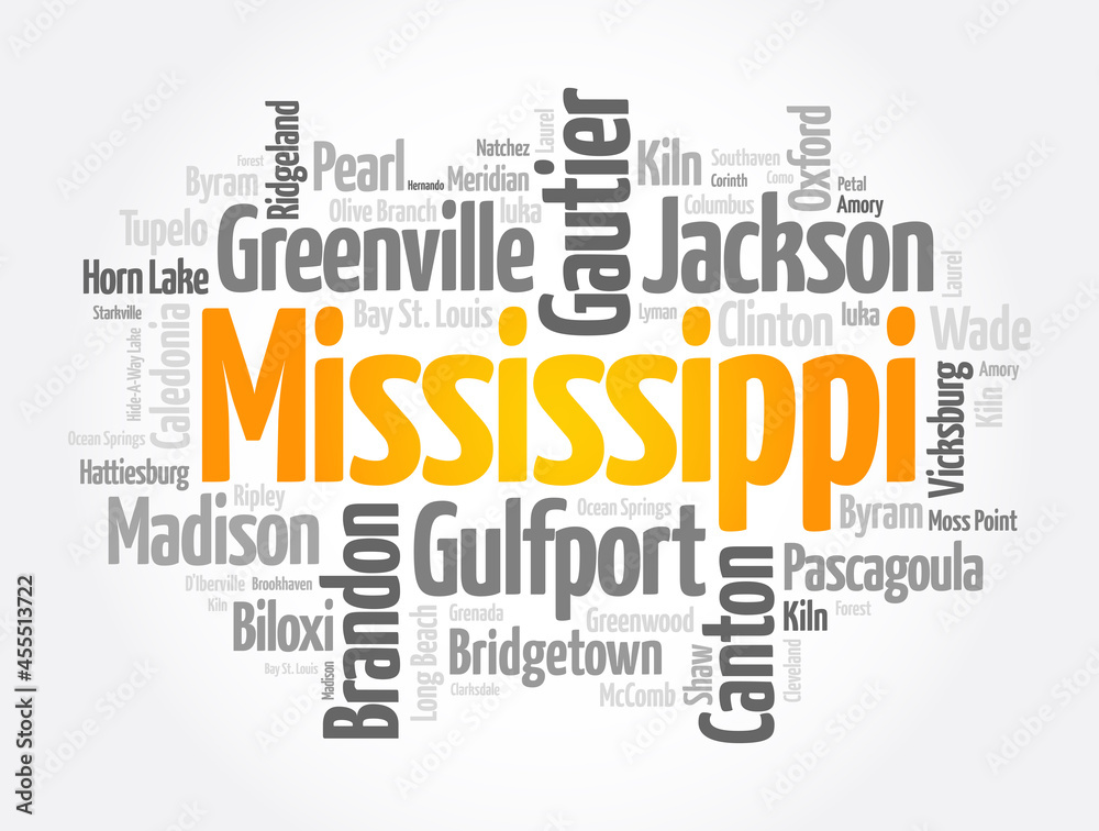 List of cities in Mississippi USA state, word cloud concept background List of cities in Mississippi USA state, word cloud concept background