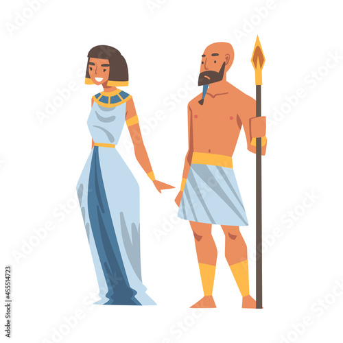 Egyptian Man and Woman Character Wearing Authentic Garment and Necklace Vector Illustration