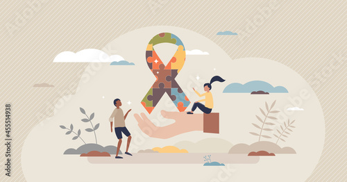 Autism disease puzzle symbol for mental children disease tiny person concept. Disability syndrome symbolic ribbon for medical kid illness vector illustration. Disorder and special care awareness.