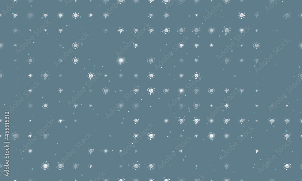 Seamless background pattern of evenly spaced white cosmic symbols of different sizes and opacity. Vector illustration on blue grey background with stars