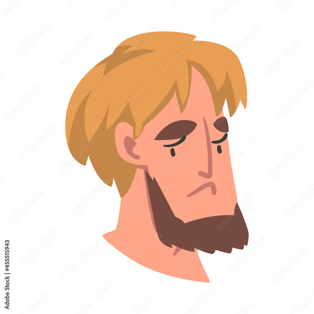 Bearded Man Head with Sad Facial Expression Side View Vector Illustration Bearded Man Head with Sad Facial Expression Side View Vector Illustration