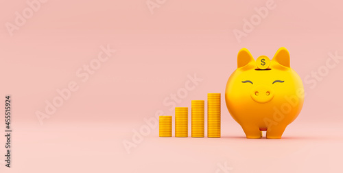 3d rendering stacks of coins as a upwards chart beside the happy piggy bank. Savings concept.