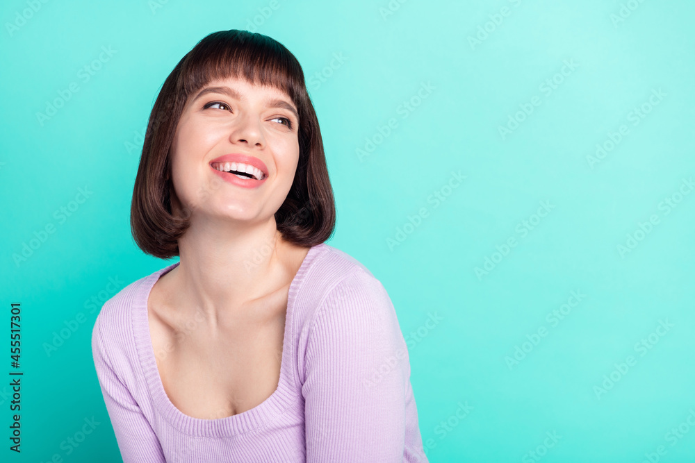 Fototapeta premium Photo portrait pretty woman dreamy looking copyspace laughing overjoyed cheerful isolated vibrant turquoise color background