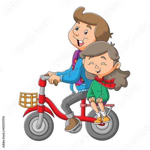 The sweet couple is cycling the bicycle together