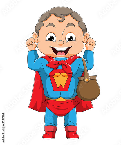 The boy is wearing the superhero costume for halloween day