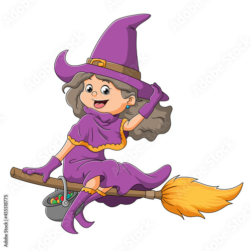 The young witch women is flying with the magic broom