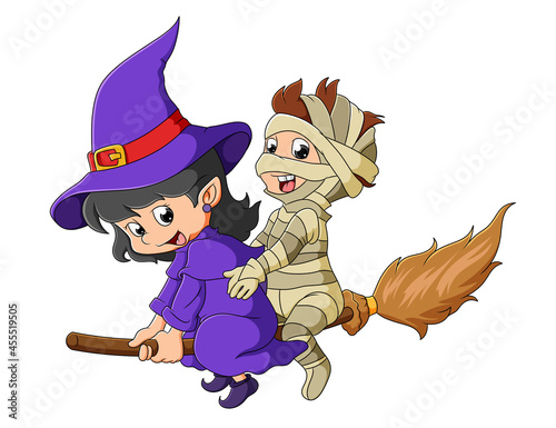 The witch and mummy are flying together with the magic broom