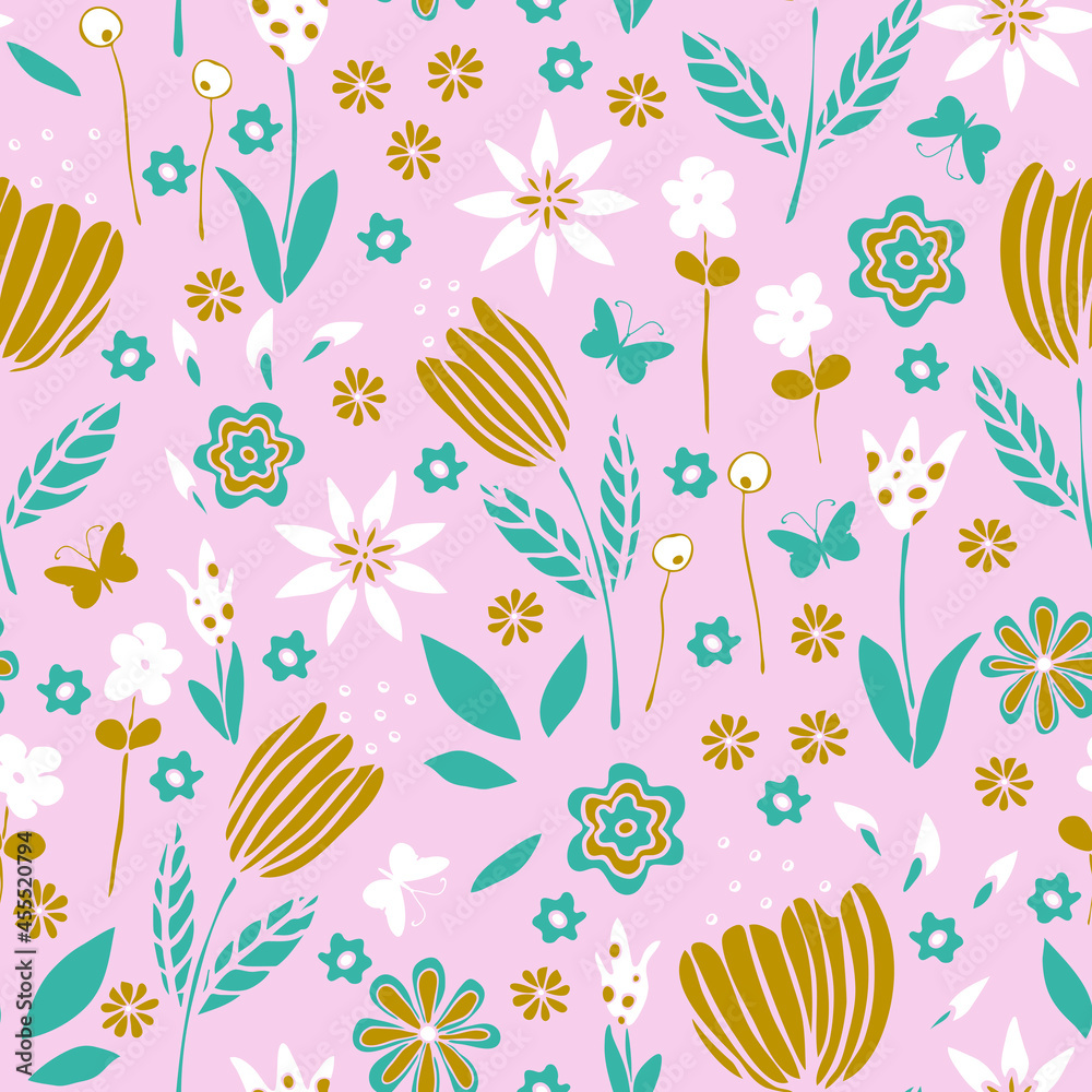 Seamless vector pattern with romantic flower garden on pink background. Simple cute floral wallpaper design. Decorative girly dream fashion textile.