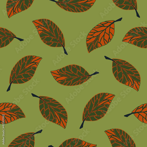 Seamless vector pattern with falling leaves on green background. Simple autumn forest wallpaper design. Decorative seasonal fashion textile.