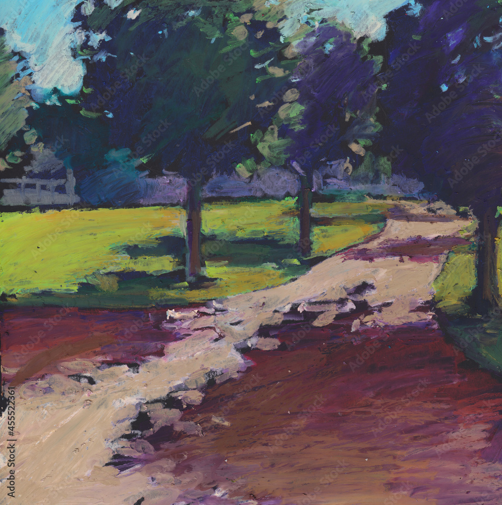 Pastel painting of landscape, trees, meadow and path. Garden park in the Summer. Pastel painting of landscape, trees, meadow and path. Garden park in the Summer.