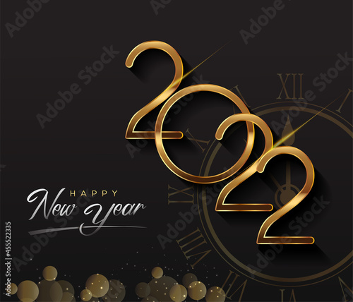 Happy New Year 2022 - New Year Shining background with gold clock and glitter.