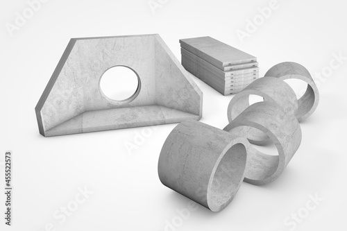 Prefabricated concrete materials, tubes and cement panels on white background 3D illustration photo