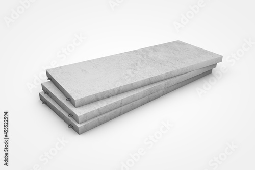 Prefabricated concrete materials, tubes and cement panels on white background 3D illustration