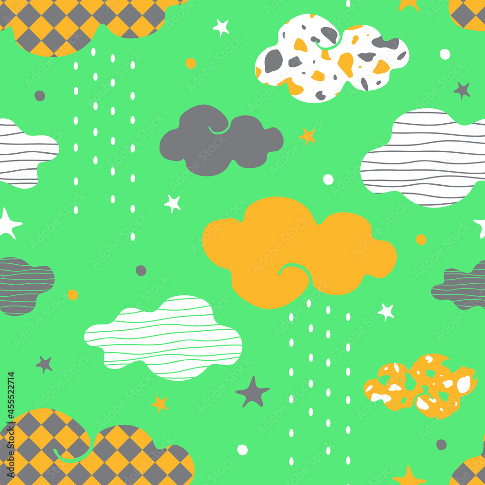 Seamless vector pattern with rainy clouds on green background. Simple textured weather wallpaper design. Decorative cute sky fashion textile.