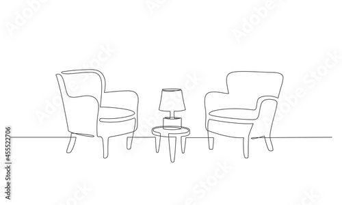 One continuous Line drawing of psychologist's office with two armchairs and a table with a lamp. Vector illustration