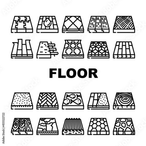 Floor Material Layers Renovation Icons Set Vector. Tile And Parquet, Stone And Wooden Floor Material, Linoleum And Carpet, Children Play Room And Sport Ground Flooring Contour Illustrations