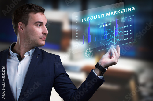 Business, Technology, Internet and network concept. Young businessman working on a virtual screen of the future and sees the inscription: Inbound marketing