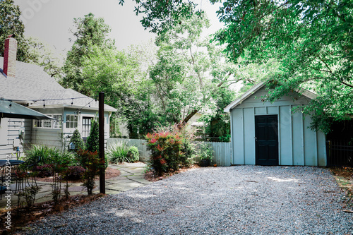 Blue outdoor shed wood building for storage