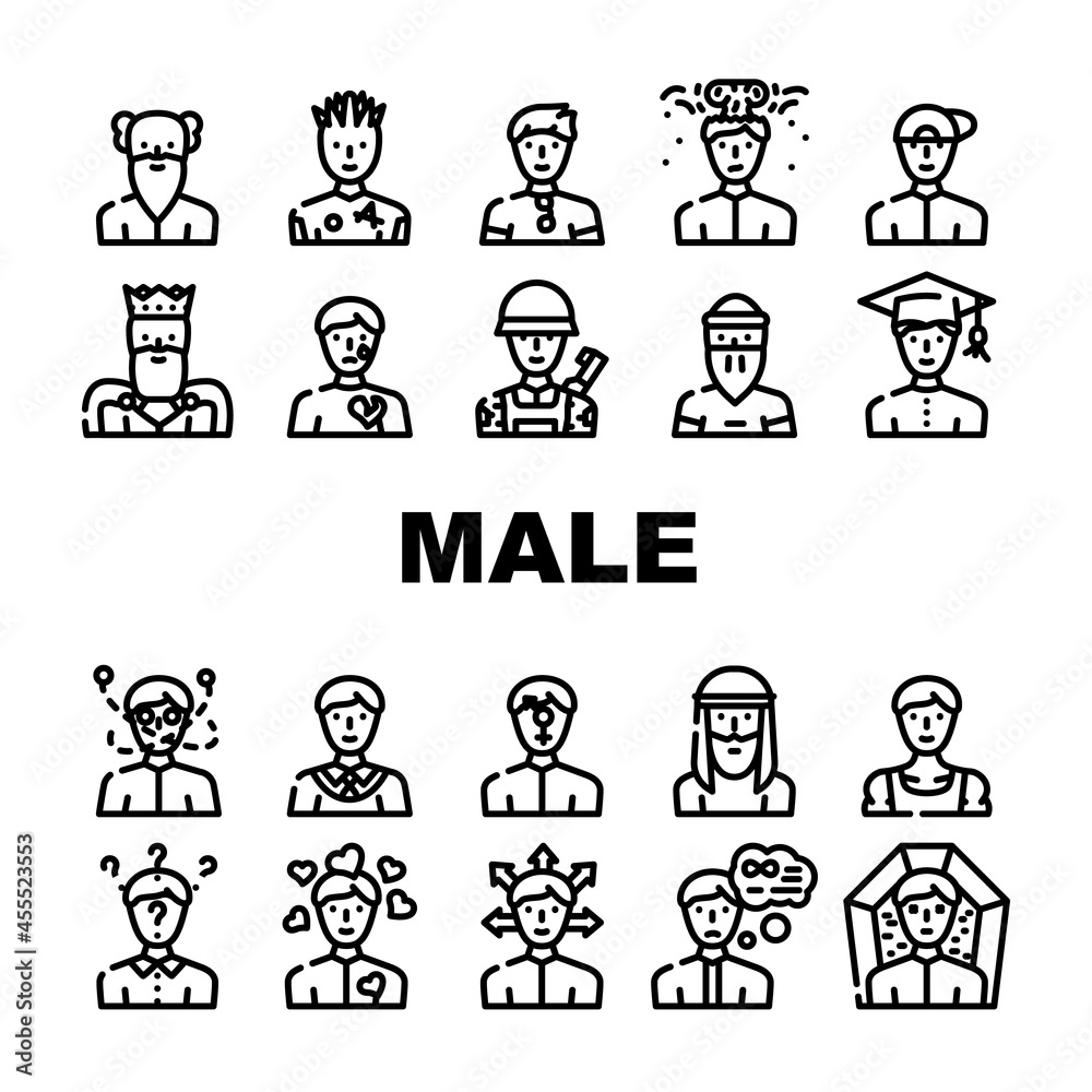 Male Business And Expression Icons Set Vector. Madness And Lovely Male, Choice Of Direction And Brain Explosion Man, Childhood, Old Aged Pensioner And Death Guy Contour Illustrations Male Business And Expression Icons Set Vector. Madness And Lovely Male, Choice Of Direction And Brain Explosion Man, Childhood, Old Aged Pensioner And Death Guy Contour Illustrations
