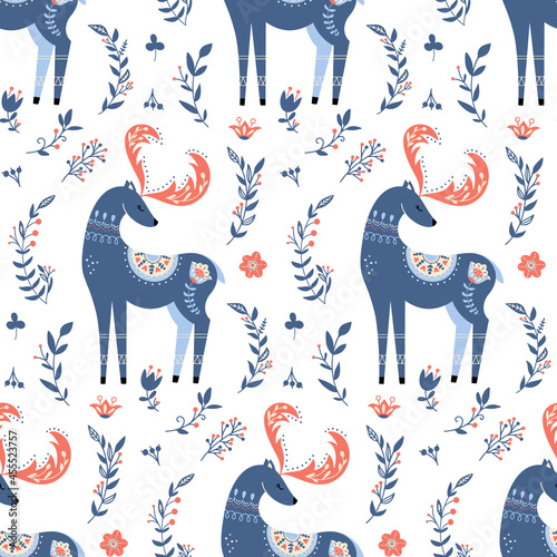 Scandinavian deer seamless pattern folk forest animal background
