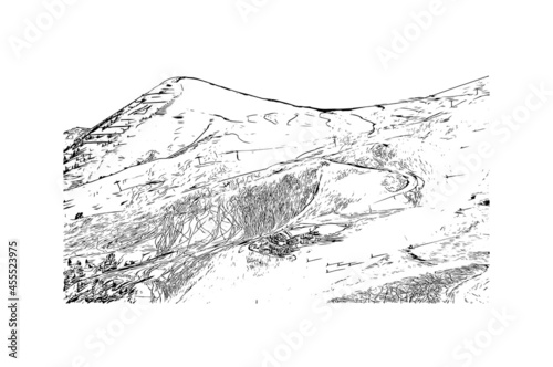 Building view with landmark of La Plagne is a French ski area in the alpine valley of the Tarentaise. Hand drawn sketch illustration in vector.
