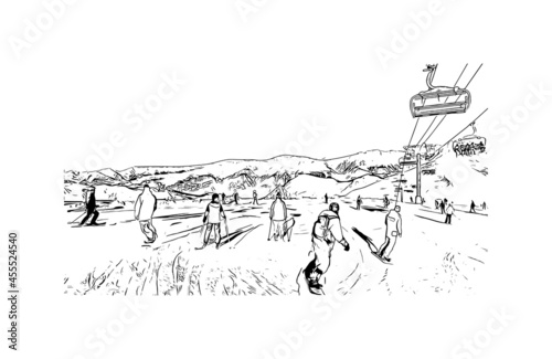Building view with landmark of La Plagne is a French ski area in the alpine valley of the Tarentaise. Hand drawn sketch illustration in vector.