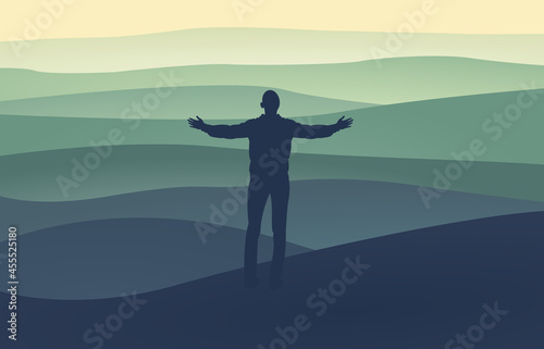 Man praying at sunset mountains silhouette.raised hands ,Travel, Lifestyle, spiritual, relaxation ,emotional, concept, vacations ,outdoor,landscape.vector illustration.