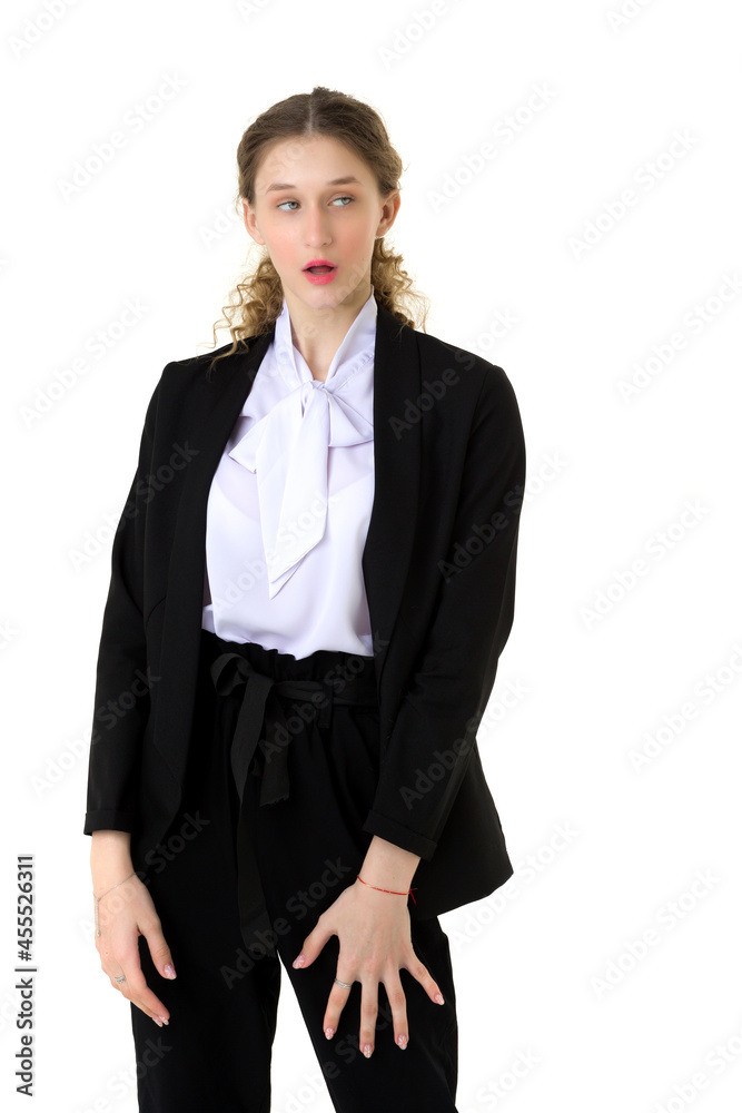 Portrait of surprised girl in elegant black suit Portrait of surprised girl in elegant black suit